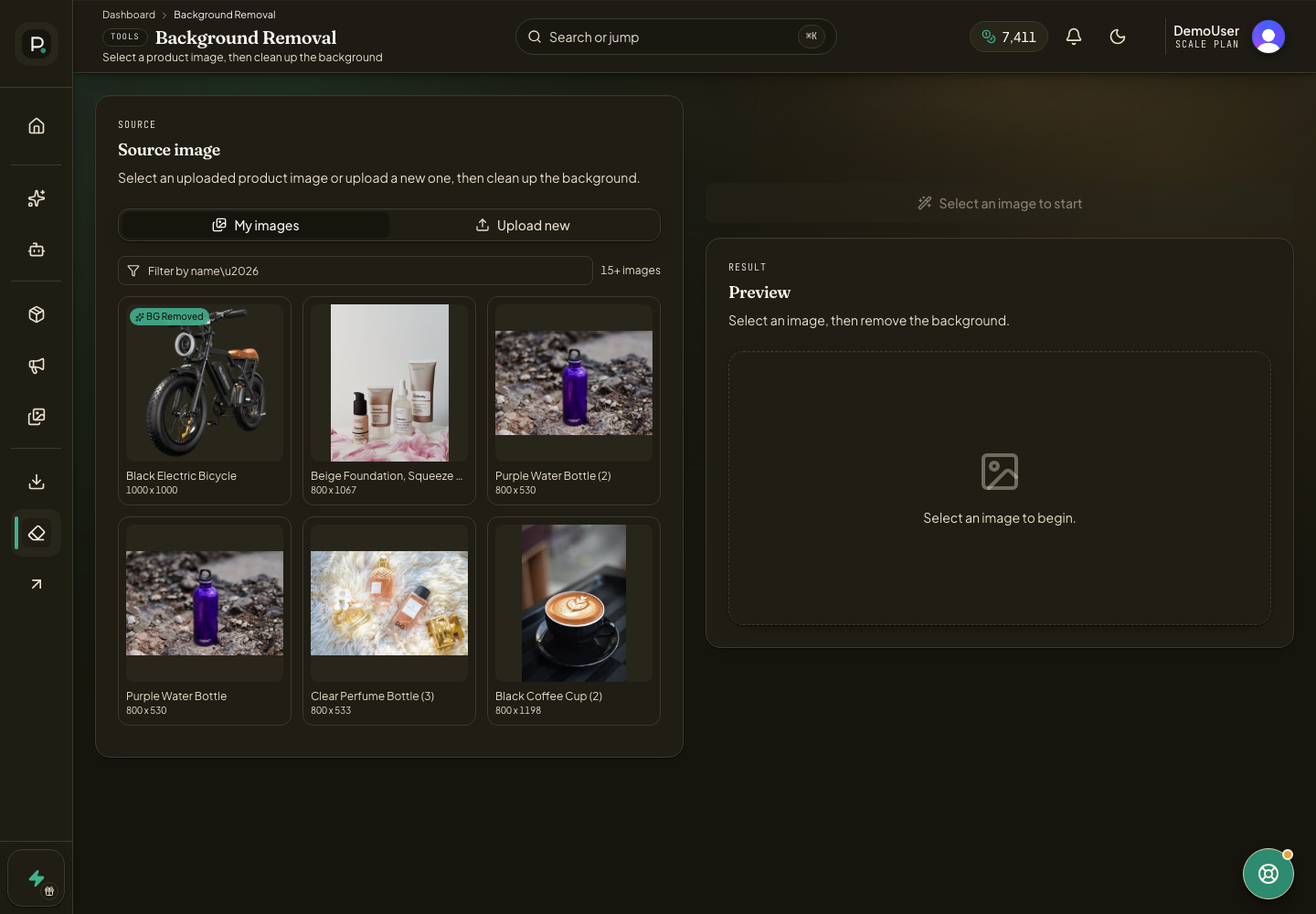 Background Removal tool with gallery and upload tabs for selecting a source product image