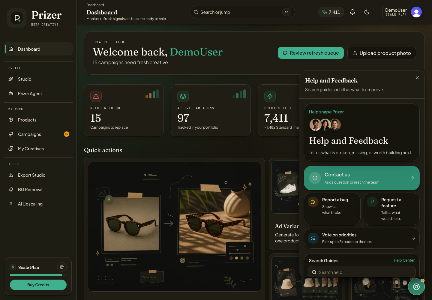 Help and Feedback widget open from the Prizer dashboard