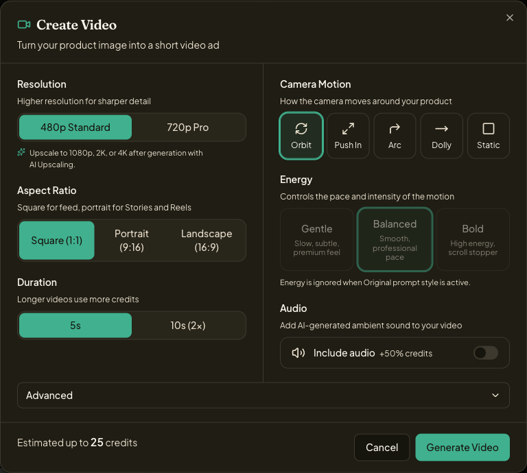 Create Video dialog with resolution, aspect ratio, duration, camera motion, energy, audio, and advanced settings