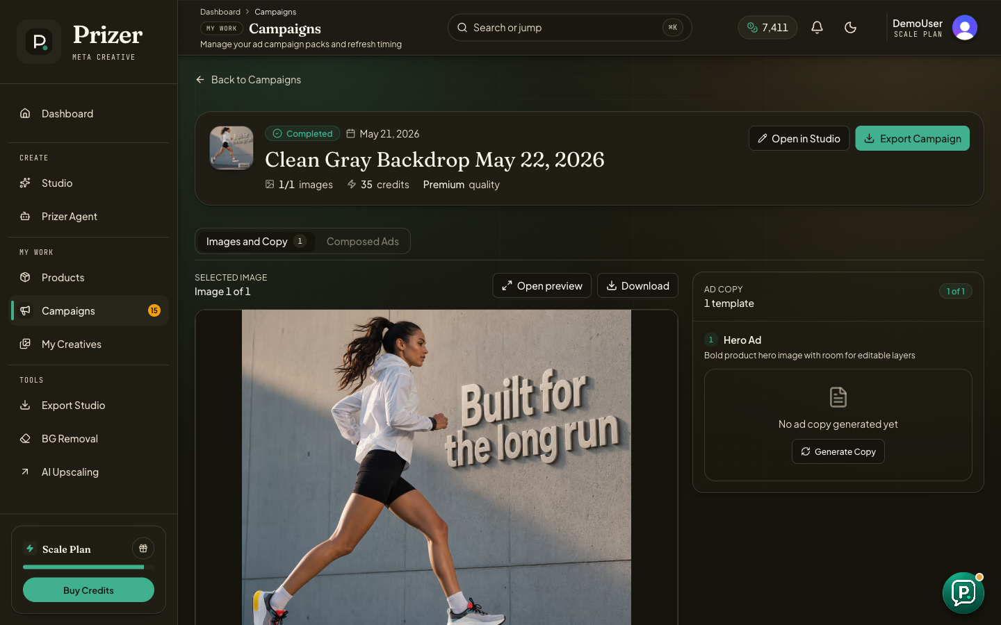 Campaign detail page showing selected image, campaign stats, Open in Studio, Export Campaign, and ad copy area