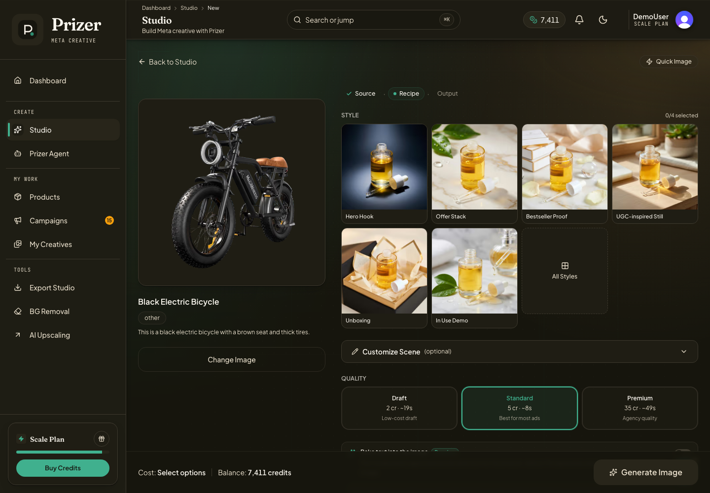 Quick Image setup showing the product library inside Studio