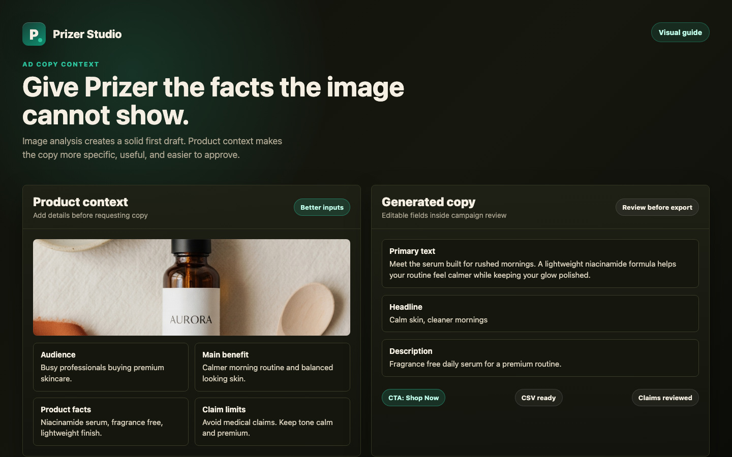 Ad copy context guide showing product facts next to generated primary text, headline, description, and CTA fields