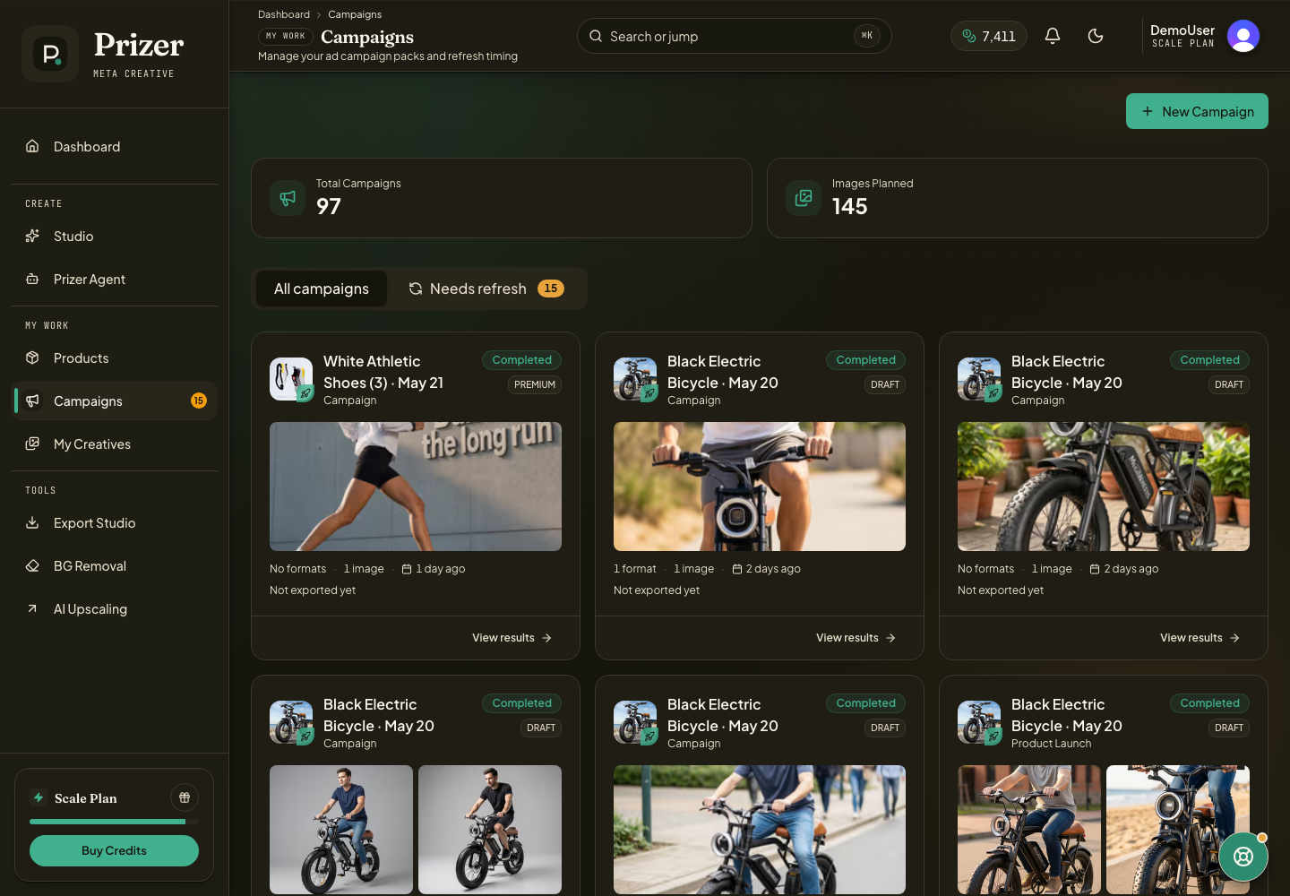 Campaigns page with tabs for all campaigns and campaigns that need refresh