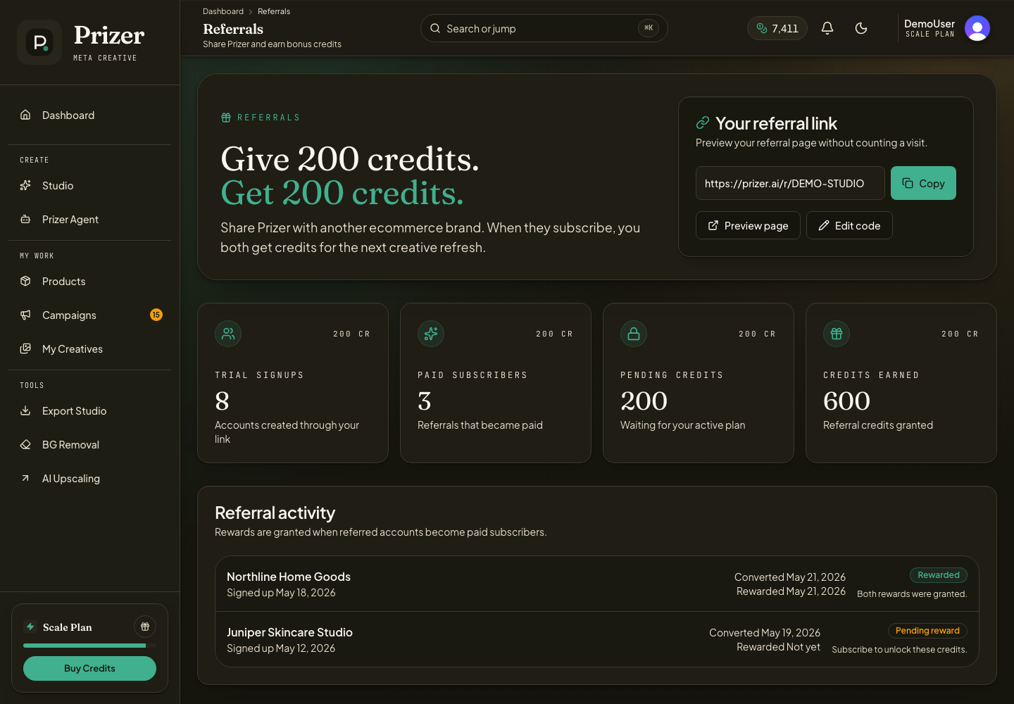 Referrals page with referral link, reward progress, and referral activity