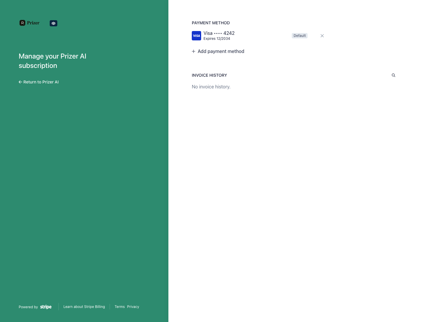 Stripe billing portal showing a saved Visa payment method and Add payment method option