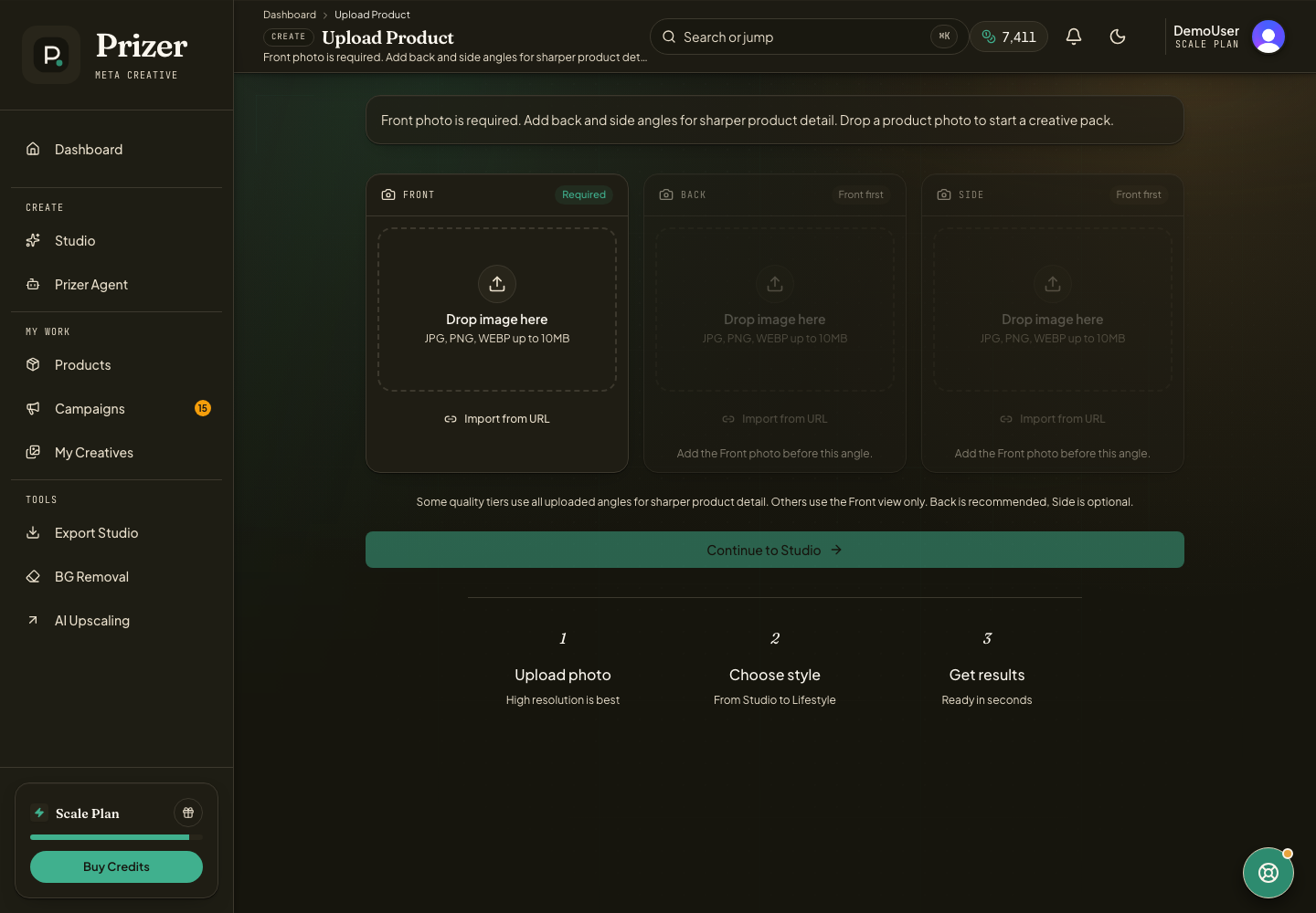 Upload Product page showing Front, Back, and Side upload slots with an Import from URL option